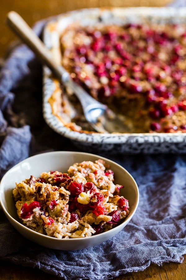 Baked Cranberry Oatmeal scooped in a bowl. 