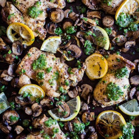 This sheet pan garlic lemon chicken and mushrooms is ready in under 45 minutes and made on just one pan. This baby is packed full of flavor and will be a HUGE hit with parents and children. Made with boneless skinless chicken thighs, baby portabella mushrooms, lemons and finally drizzled in a garlic parsley sauce. Trust me, you need to make this dish as soon as possible!