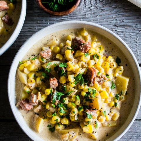 This andouille corn chowder is the perfect winter comfort food. Slightly spicy, full of flavor and a total crowd pleaser. Plus, it's ready in under an hour so you can make this delicious soup during the crazy weeknight dinner rush.