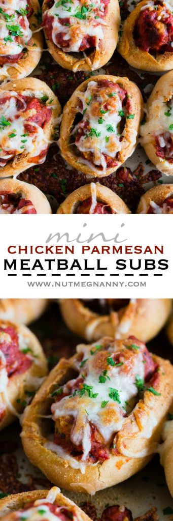 These mini chicken Parmesan meatballs subs totally step up your game day food! Stuffed with homemade chicken Parmesan meatballs, tomato sauce and topped with lots of melty mozzarella cheese. Crazy delicious and ready in under an hour!