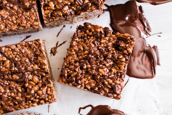 Peanut Butter Nutella Rice Krispie Treats drizzled with dark chocolate. 