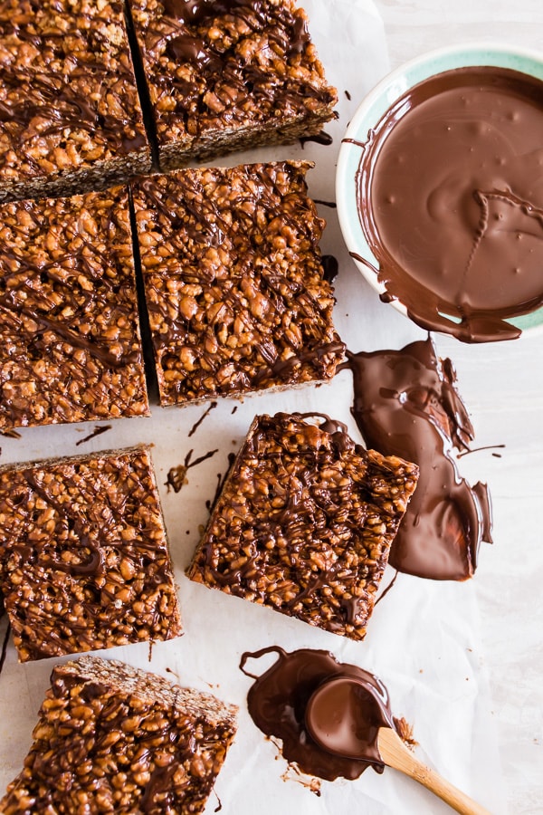 Peanut Butter Nutella Rice Krispie Treats drizzled with chocolate. 