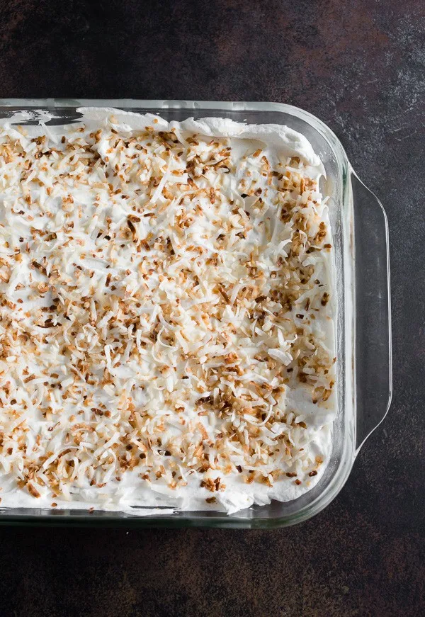 Toasted Coconut Tres Leches Cake in a 9x13 pan. 
