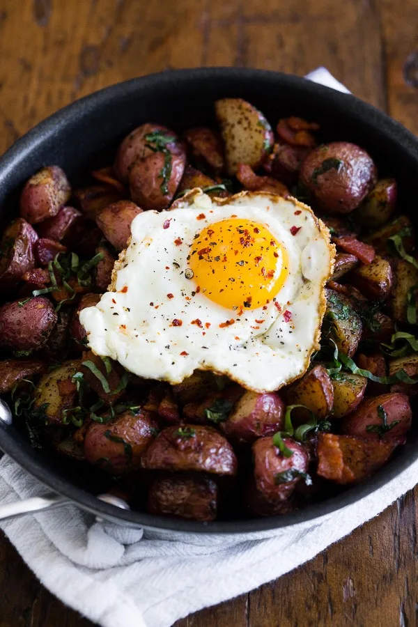 Basil Bacon Hash topped with a fried egg. 