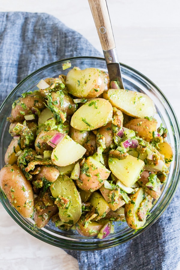 This herbed Dijon mustard potato salad is the perfect summertime salad. It’s packed full of flavor and lots of crispy bacon. Plus it’s mayonnaise free so it’s perfect for outdoor picnics and parties!