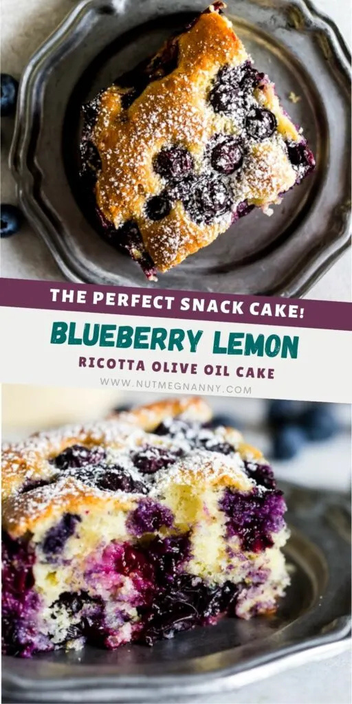 Blueberry Lemon Ricotta Olive Oil Cake pin for Pinterest. 