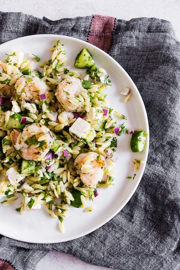 Herbed Shrimp Orzo Salad on a white plate. 