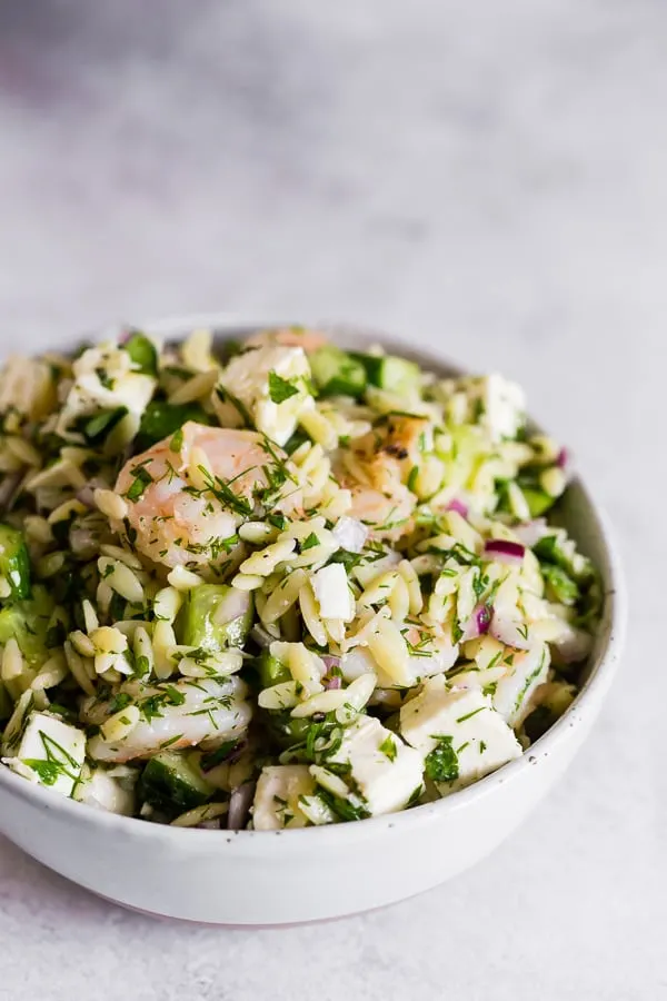 Herbed Shrimp Orzo Salad in a bowl. 