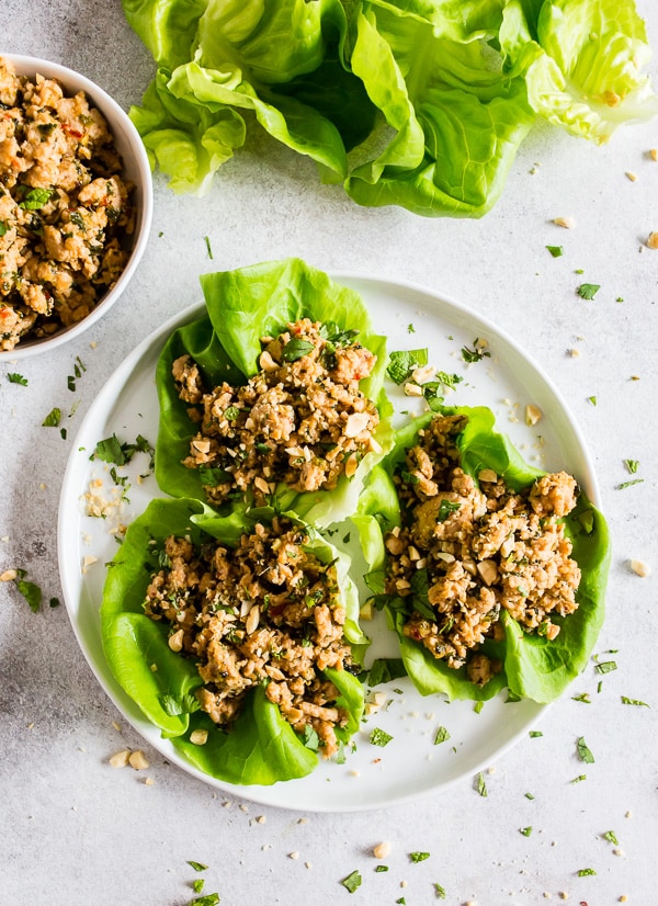 Thai Ground Chicken Lettuce Cups on a serving plate. 