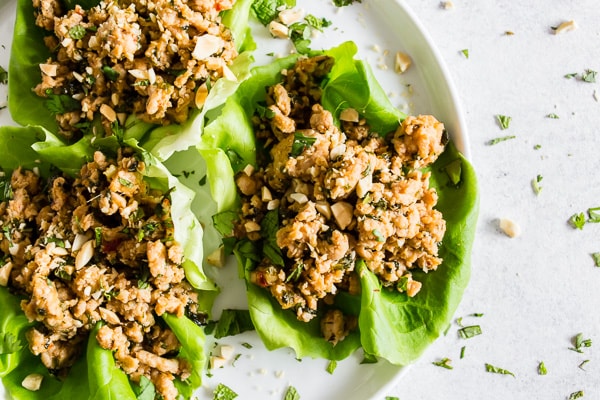 Thai Ground Chicken Lettuce Cups on a plate. 