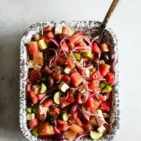 watermelon greek salad in a small dish