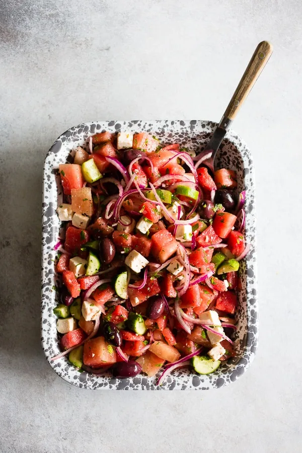 Watermelon Greek Salad in a dish. 