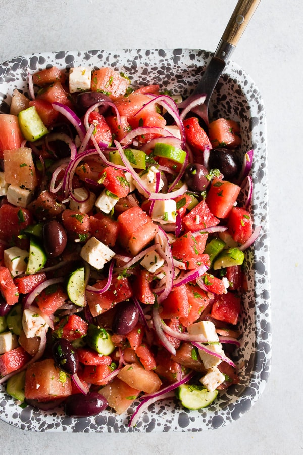 Watermelon Greek Salad in a serving tray. 