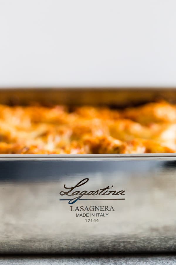 Italian Sausage and Mushroom Lasagna in a lasagna pan. 