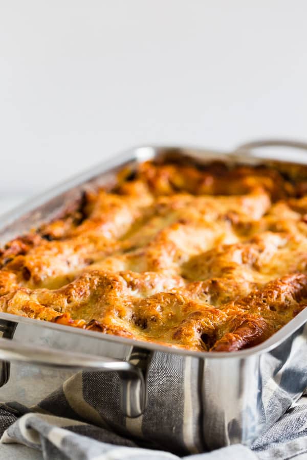 Italian Sausage and Mushroom Lasagna in a deep dish pan. 