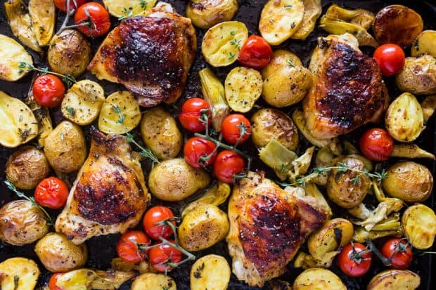 This sheet pan French dressing chicken thigh dinner is the perfect combination of Zesty French dressing tossed with baby potatoes, artichoke hearts and vine-ripened tomatoes. You’ll love how easy it to throw together and how delicious it tastes!