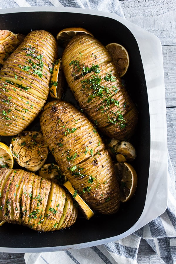 These lemon herb Hasselback potatoes are a great twist to a typical roast potato. Packed full of lemon and garlic flavor they make a fun addition to any dinner table. 