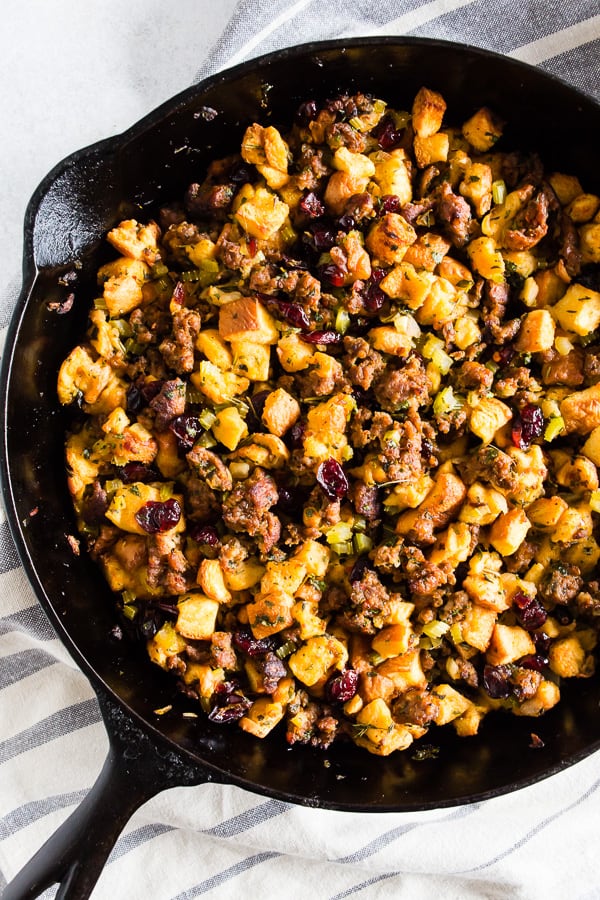 Potato Bread Sausage Cranberry Stuffing in a skillet. 