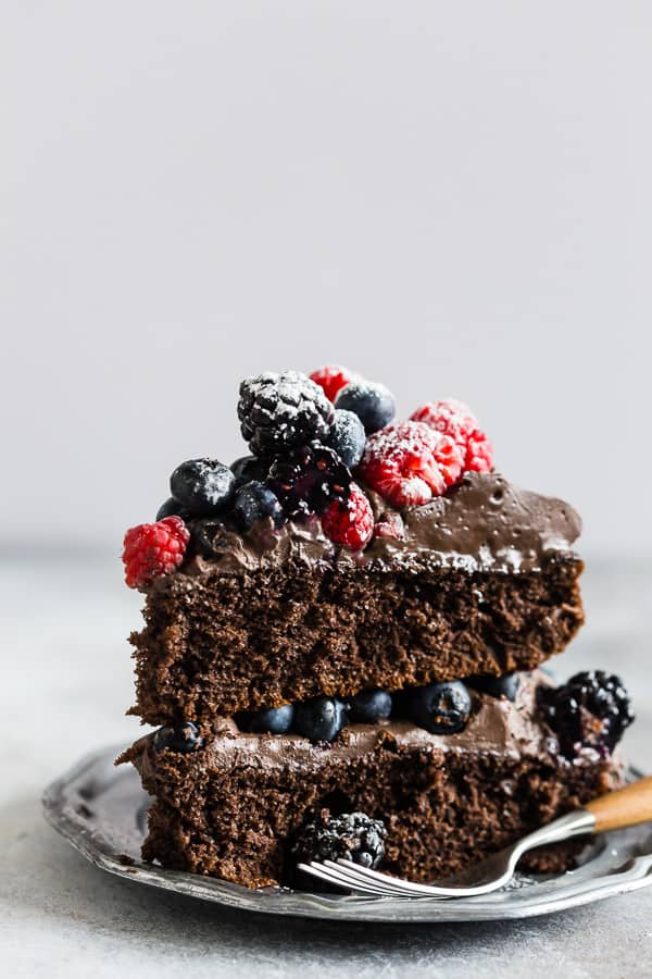 A slice of cake made with Espresso Dark Chocolate Mascarpone Frosting. 