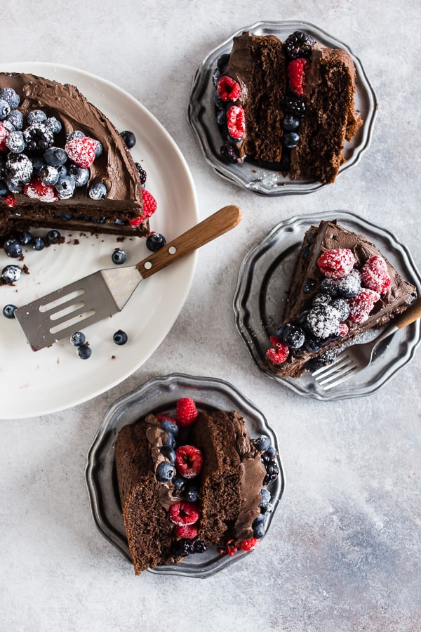 Slices of cake topped with Espresso Dark Chocolate Mascarpone Frosting. 
