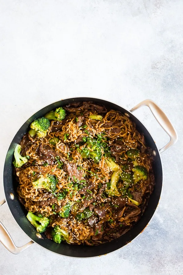 Beef and Broccoli Ramen Noodles in a large pan used for cooking. 