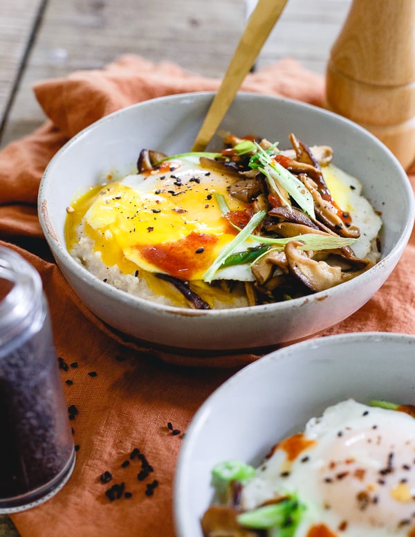 Savory Asian Oat Bran topped with a runny egg. 