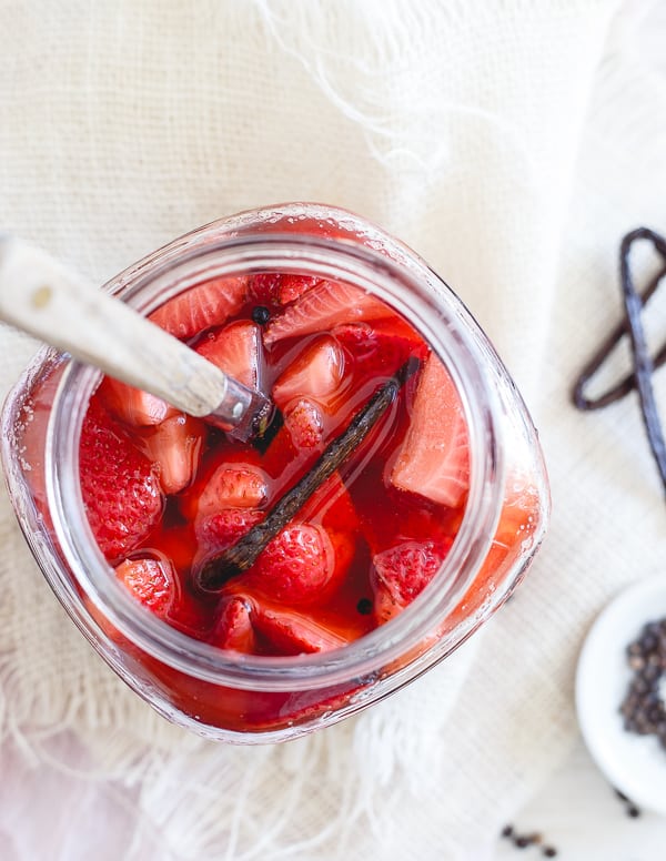 These vanilla bean pickled strawberries are super simple to make and are the perfect balance of sweet and tangy. Serve with yogurt or ice cream or even throw them on a salad. You’ll love this easy springtime recipe!