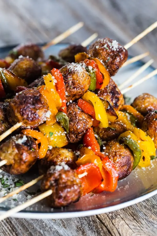  These grilled chicken meatball and peppers skewers are the perfect grilling kebab dinner. Made easy with store bought meatballs and fresh chopped bell peppers with a mix of herbs and oil. Sprinkle with Parmesan cheese for a delicious finish!