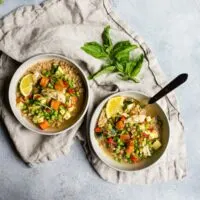 This lemon chicken vegetable farro soup is a great addition to your springtime menu. It's packed full of vegetables, bright lemon flavor and made even easier by using a rotisserie chicken. You're going to love this fast and easy soup! 