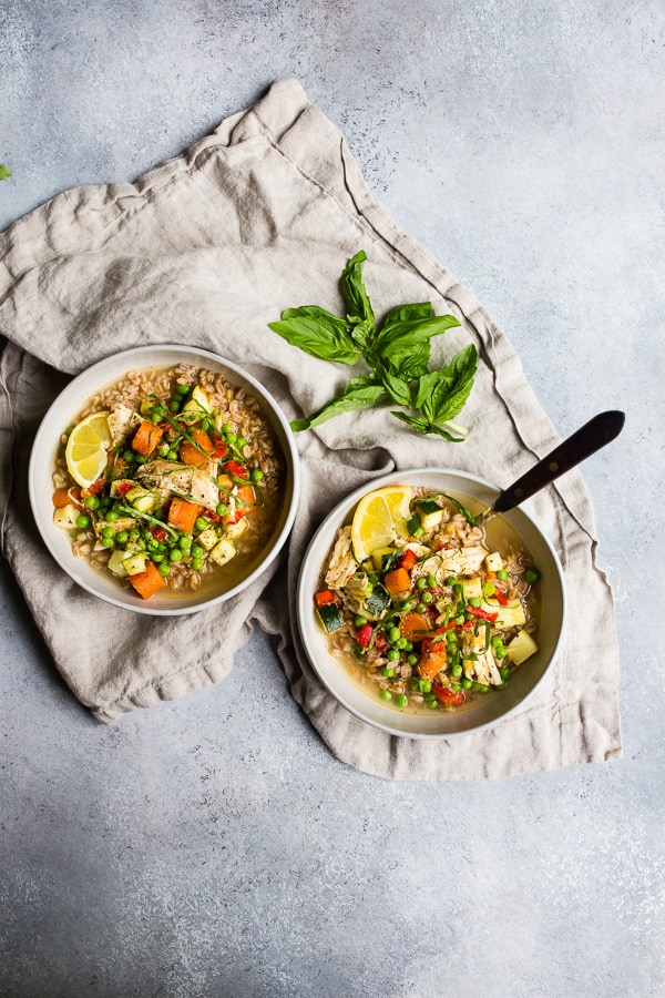 This lemon chicken vegetable farro soup is a great addition to your springtime menu. It's packed full of vegetables, bright lemon flavor and made even easier by using a rotisserie chicken. You're going to love this fast and easy soup! 