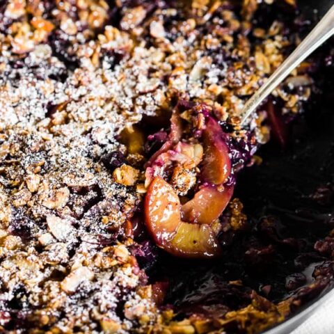 This blueberry peach cast iron crisp takes the flavor of summer and throws it together into one warm crisp topped with rolled oats and almonds. Eat it straight from the pan, cover with ice cream or throw on a dollop of whipped cream. Anyway, you choose you'll LOVE! 