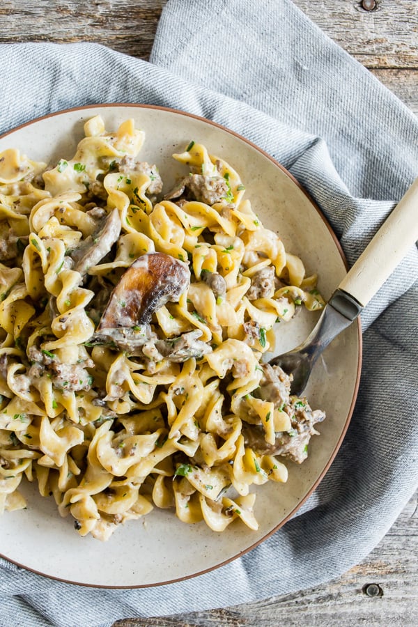 This one pot ground beef mushroom stroganoff is the perfect one pot crazy busy weeknight meal. This recipe is 100% homemade and made in just 30 minutes. Plus it's packed full of meaty mushrooms and perfectly cooked egg noodles. You'll love this dish!
