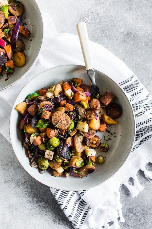 This chicken sausage fall vegetable hash is PACKED full of seasonal vegetables and apple chicken sausage. You'll love how easy this dish comes together and can be customized to include almost any vegetable you have in the house. Hearty, delicious and perfect for fall. 