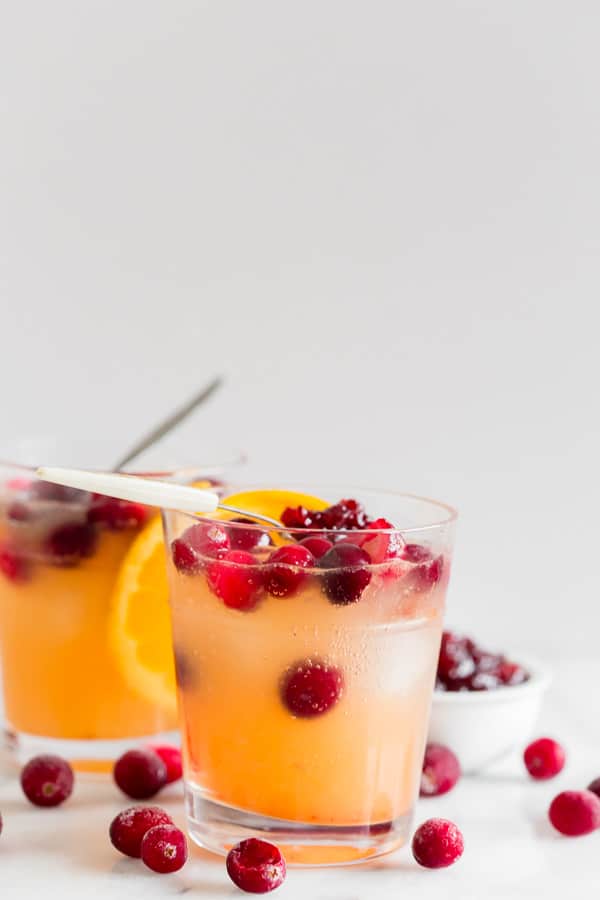 Cranberry Gin Fizz in a glass with orange garnish. 