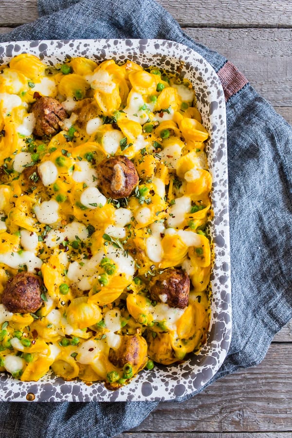This pumpkin cauliflower alfredo meatball pasta bake is ready in under 30 minutes and packed full of delicious flavor. It's the perfect fall dish and you'll love how easy it is to throw together!