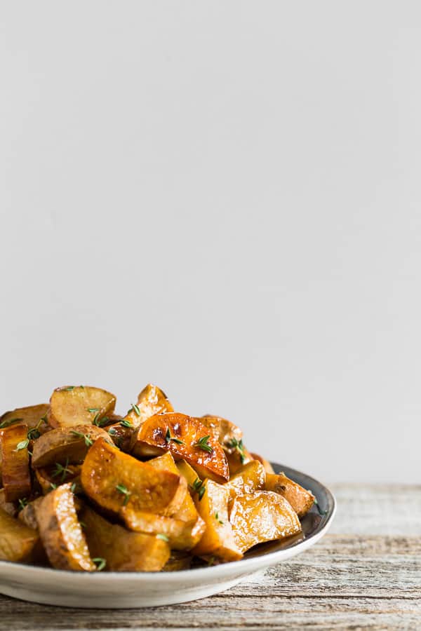 These roasted white sweet potatoes with honey cinnamon glaze are the perfect side dish. Slightly sweet with just the right touch of warm cinnamon flavor. Super easy to make and a great addition to your holiday table. 