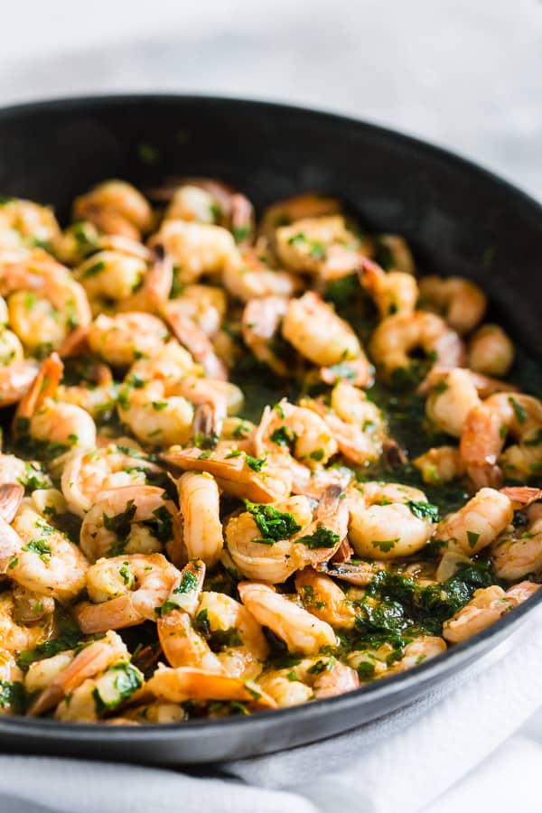 Spicy Garlic Cilantro Shrimp in a skillet. 