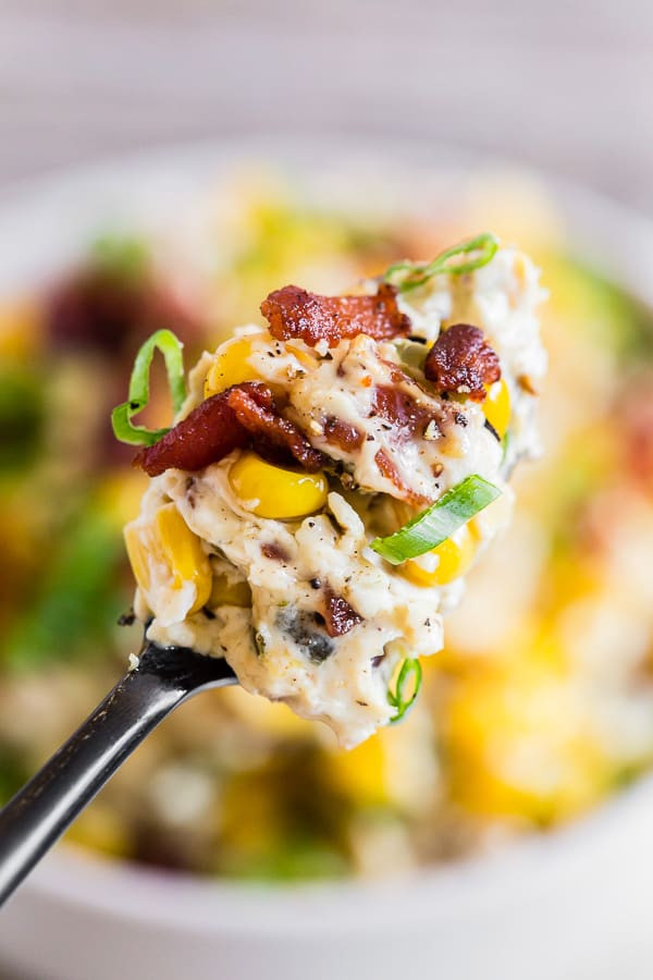 This creamy bacon jalapeno corn dip is packed full of flavor, ready in 20 minutes and perfect for any holiday party. I added lots of extra crispy bacon and tons of spicy jalapenos. You'll love this quick and easy appetizer!