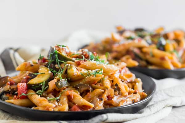 This meatless ratatouille pasta recipe is packed full of vegetables and fresh herbs. 