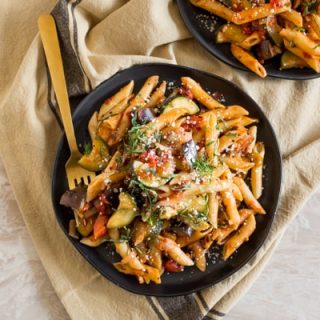 This ratatouille pasta is the perfect Meatless Monday meal! Packed full of fresh vegetables and herbs.