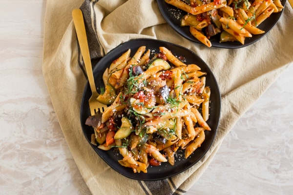 This ratatouille pasta is the perfect Meatless Monday meal! Packed full of fresh vegetables and herbs.