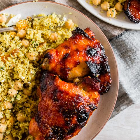 These harissa chicken thighs are spicy, sweet and PACKED full of flavor. They are baked on a sheet pan and come out super crispy. If you love that spicy and sweet combination these chicken thighs are for you!