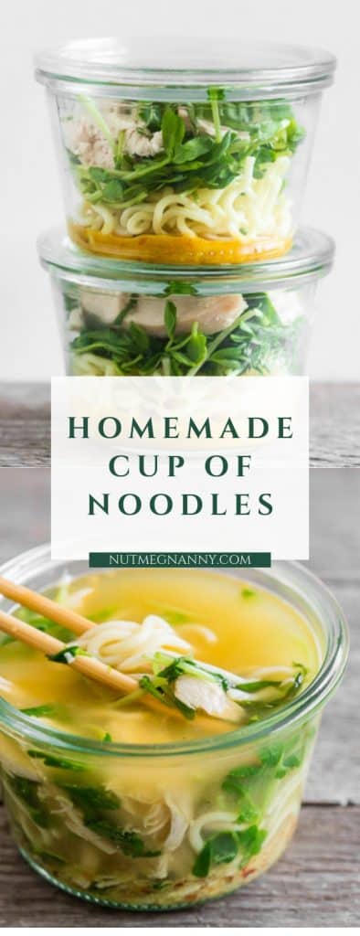 This homemade cup of noodles is packed full of flavor and the perfect on the go lunchtime meal. It's packed full of a homemade chicken soup base, fresh greens, cooked noodles, roasted chicken and fresh herbs. Just add boiling water and you'll have lunch in minutes!