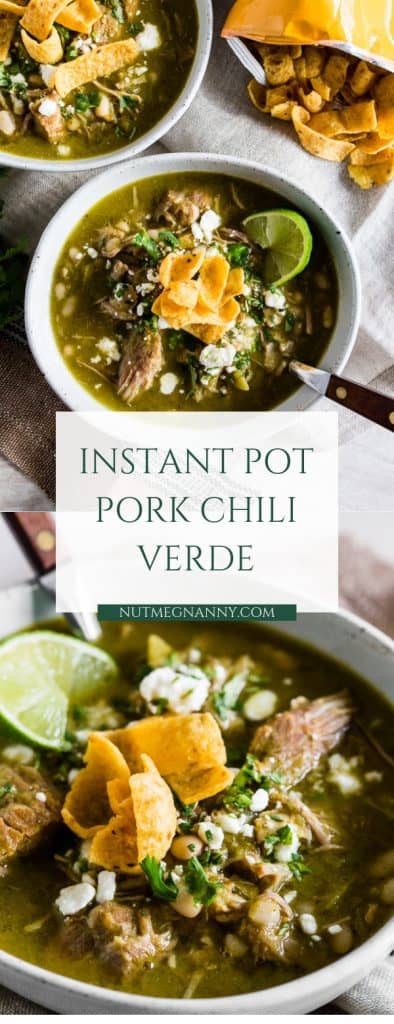 This Instant Pot pork chili verde is packed full of tomatillos, cilantro, diced green chiles, fork-tender pork shoulder, and white beans. It's perfect for cold snowy days and tastes great when topped with Cotija cheese, cilantro, and crispy corn chips. 