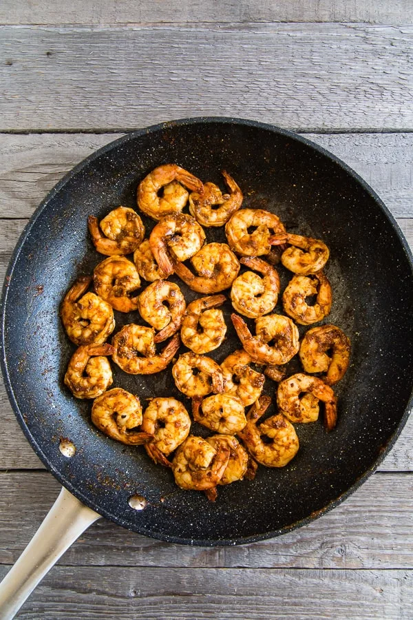 cooked shrimp in a pan. 
