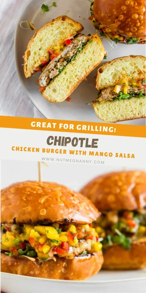 Chipotle Chicken Burgers Topped with Mango Salsa pin for Pinterest. 