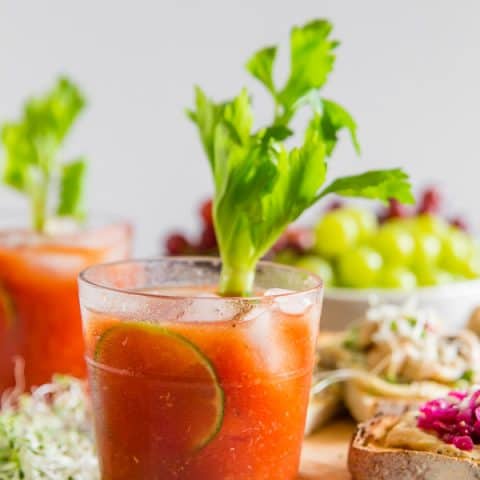 This horseradish bloody mary is slightly spicy, packed full of flavor and the perfect addition to any party or this tasty hummus toast brunch spread. Plus it's ready in just 5 minutes so it's the perfect party cocktail!