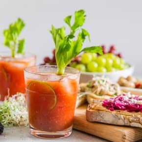 This horseradish bloody mary is slightly spicy, packed full of flavor and the perfect addition to any party or this tasty hummus toast brunch spread. Plus it's ready in just 5 minutes so it's the perfect party cocktail!