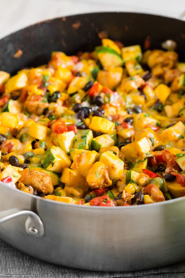 tex mex chicken and vegetable skillet inside the skillet.