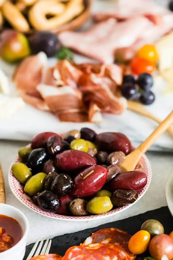bowl full of olives on an Ultimate Italian Antipasto Platter